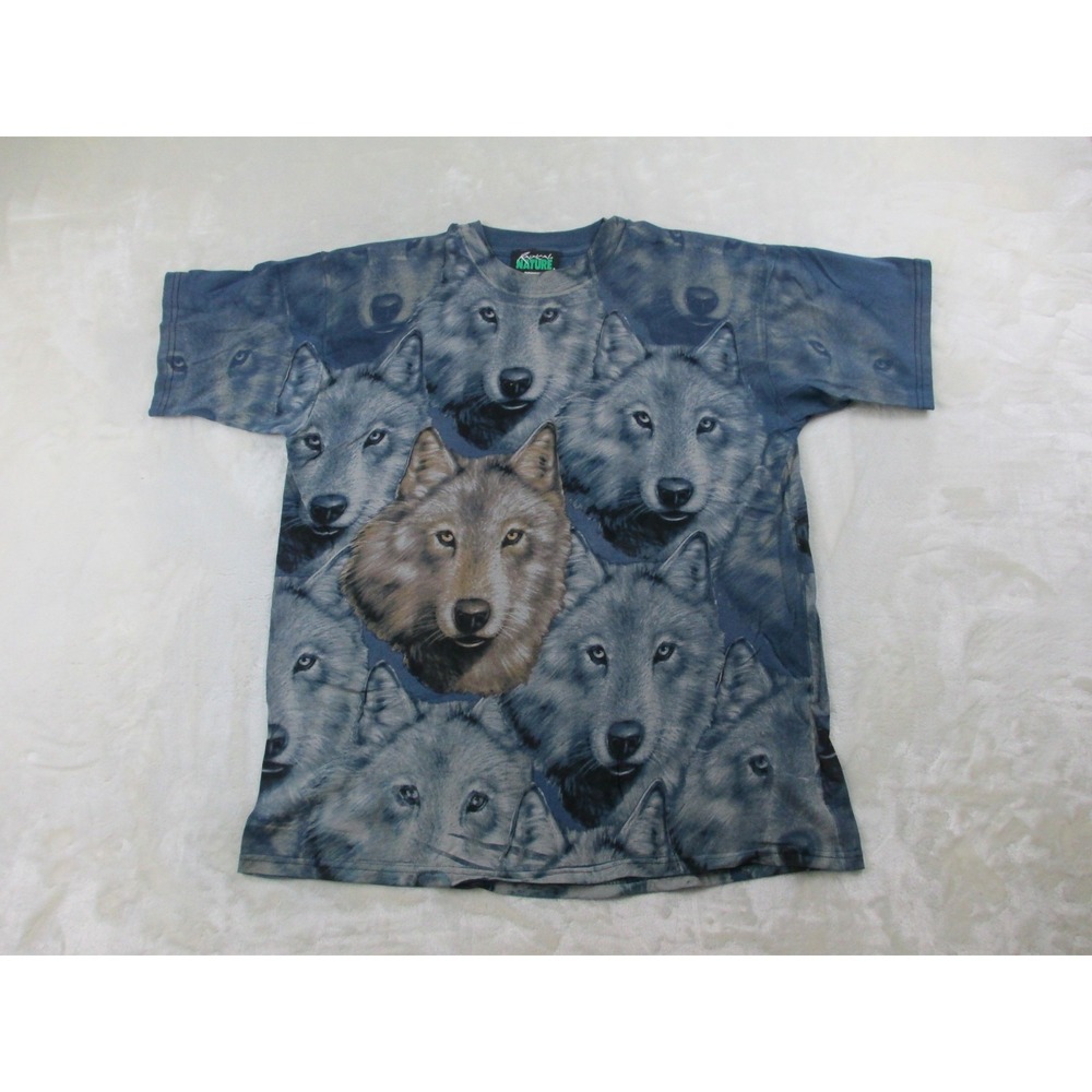 VINTAGE Radical Nature Shirt Mens‎ Extra Large Blue Wolves AOP USA Cotton*